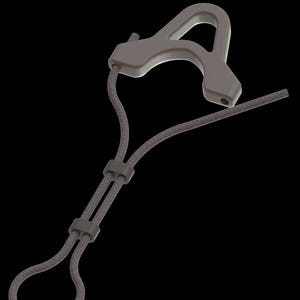 May include: A gray, plastic eyeglass retainer with a curved handle and a cord. The cord has adjustable sliders and a loop at the end. The retainer is designed to hold eyeglasses securely.