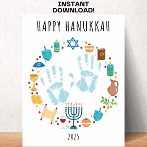 May include: A white card with the text "HAPPY HANUKKAH" and "INSTANT DOWNLOAD!". The card features blue handprints and colourful illustrations of Hanukkah symbols, including a menorah, dreidels, and candles. The year 2025 is printed at the bottom.