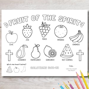 Fruit of the Spirit Coloring Placemat for Kids Toddler Baby Bible Activity Printable Placemat Craft Sunday School Game Church Coloring Page