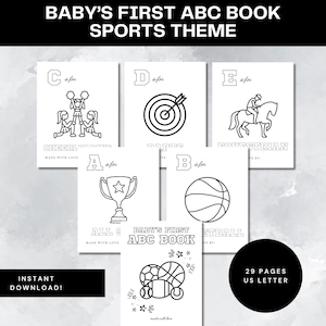 May include: Black and white printable coloring pages for a baby's first ABC book with a sports theme. The pages feature letters A through E with illustrations of a trophy, basketball, cheerleaders, darts, and equestrian.