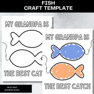 Modello di lavoretto per il nonno, lavoretto stampabile per la festa del papà per il nonno, lavoretto con la pesca, attività per bambini, lavoretto con carta strappata, regalo di pesca per il compleanno del nonno