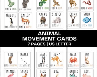 Kaarten met dierenbeweging IJsbrekerspel Afdrukbare dierenflitskaarten voor kinderen Brutomotorische activiteitenkaarten Dagopvang Thuisschool Voorschoolse activiteit