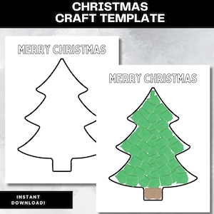 Op de afbeelding: Kerstknutsel sjabloon met twee kerstboomontwerpen. Eén is een omtrek, de andere is gevuld met groene vierkanten. De woorden "MERRY CHRISTMAS" staan bovenaan elke sjabloon. De woorden "CHRISTMAS CRAFT TEMPLATE" staan bovenaan de afbeelding.