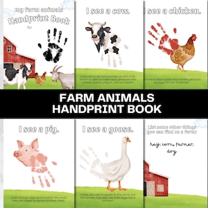 May include: A printable book for kids to learn about farm animals. The book features handprint activities and illustrations of a cow, chicken, pig, and goose. The text includes the phrase "my farm animals handprint book".