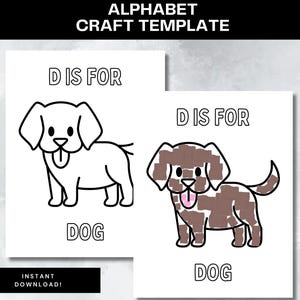 Modello di lavoretto con cane D sta per alfabeto Pagine da colorare Fogli di attività ABC stampabili Piano di lezione per la scuola materna Ritorno a scuola Lavoretto facile con carta strappata
