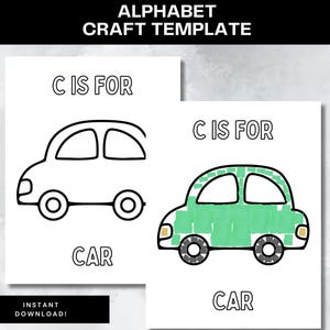 Modello di auto artigianale C sta per alfabeto Pagine da colorare Fogli di attività ABC stampabili Piano di lezione per la scuola materna Ritorno a scuola Facile artigianato con carta strappata
