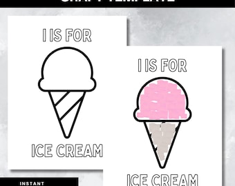 Puede incluir: Dos plantillas imprimibles de manualidades del alfabeto. Una muestra un contorno en blanco y negro de un cono de helado con el texto "I IS FOR ICE CREAM". La otra muestra un cono de helado rosa con el mismo texto. También se ven las palabras "INSTANT DOWNLOAD!"