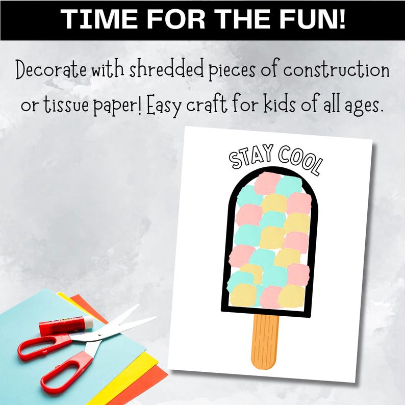 Puede incluir: Un proyecto de manualidades con un dise&ntilde;o de helado con las palabras "STAY COOL". El helado est&aacute; hecho de cuadrados de colores pastel. Tijeras, pegamento y papel de colores en primer plano. El texto "TIME FOR THE FUN!" est&aacute; en la parte superior.