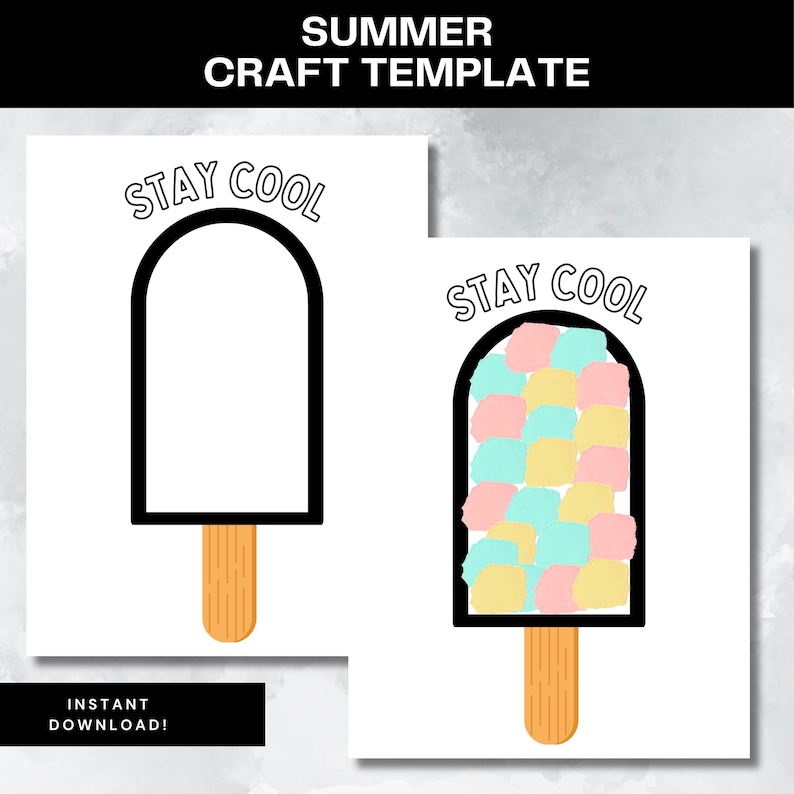 Puede incluir: Dos plantillas de manualidades con forma de paleta helada. Una es un contorno de paleta helada en blanco con las palabras "STAY COOL" encima. La otra es una paleta helada llena de cuadrados de colores pastel. Las palabras "SUMMER CRAFT TEMPLATE" est&aacute;n en la parte superior.