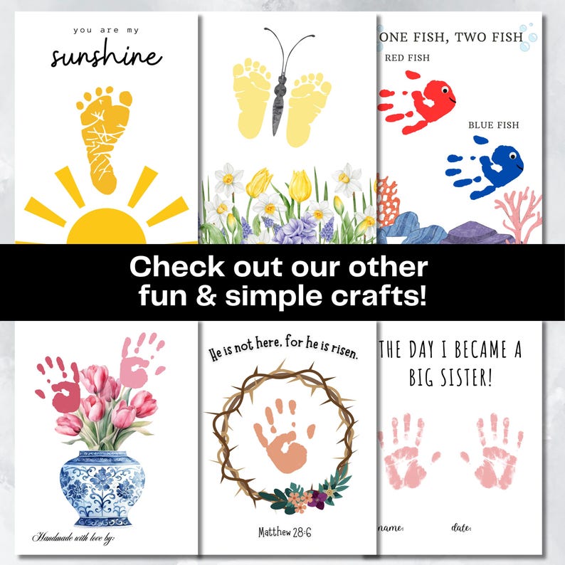 May include: Five different printable handprint art craft ideas for kids. The designs include a sun, a butterfly, two fish, a vase of flowers, and a handprint inside a crown of thorns.