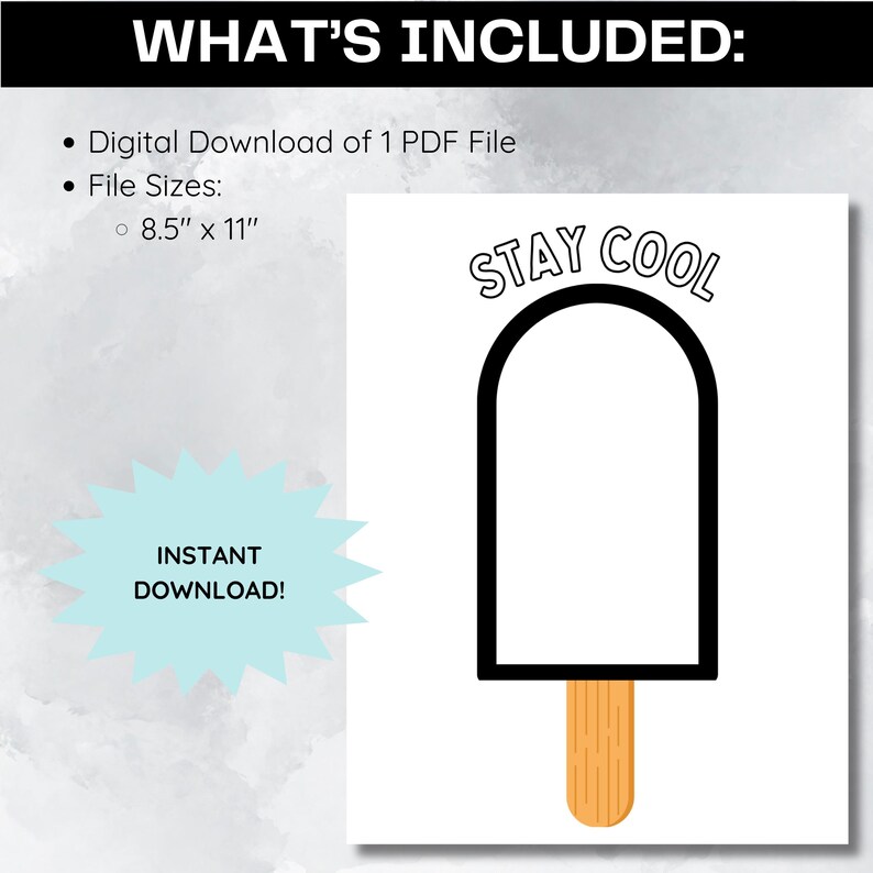Puede incluir: Una impresi&oacute;n de descarga digital con un dise&ntilde;o de paleta con las palabras "STAY COOL" en la parte superior. La paleta tiene un contorno negro y un palo de madera. La impresi&oacute;n est&aacute; disponible en tama&ntilde;os de archivo de 21,59 cm x 27,94 cm.