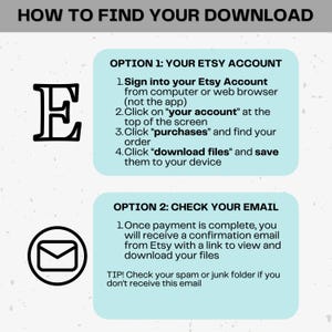 Puede incluir: Una gu&iacute;a titulada "HOW TO FIND YOUR DOWNLOAD" con instrucciones sobre c&oacute;mo descargar archivos de Etsy. La gu&iacute;a incluye dos opciones: consultar tu cuenta de Etsy o tu correo electr&oacute;nico. Tambi&eacute;n est&aacute;n presentes el logotipo de Etsy y un icono de sobre.