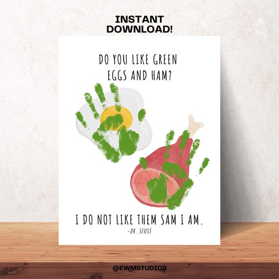 Read Across America Dr Seuss Handprint Craft Green Eggs and Ham Toddler Activity Homeschool Preschool Worksheets Happy Dr Seuss Day Crafts