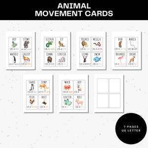 May include: Seven printable pages of animal movement cards. Each card features a colorful illustration of an animal and a movement action, such as "hop like a frog" or "flutter like a butterfly".