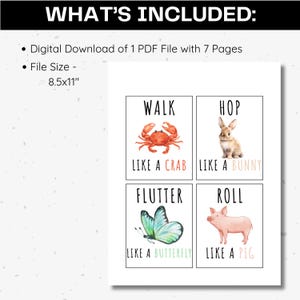 May include: Printable activity cards featuring watercolor illustrations of a crab, bunny, butterfly, and pig. The cards have the words "Walk like a crab", "Hop like a bunny", "Flutter like a butterfly", and "Roll like a pig" printed on them.