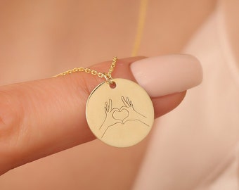 Hand Heart Gesture Coin Necklace, Minimalist Heart Hand Necklace, Choker Hand Gesture Pendant, Circle Gold Jewelry, Gift for Wife.