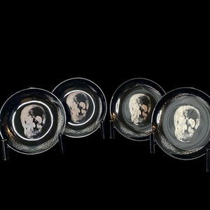 DL & Co Memento Mori Skull Plate Set: Gothic Black Porcelain Dinnerware