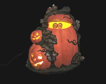Vintage Ceramic Halloween Pumpkin Lamp – Stacked Jack-o'-Lantern Decor