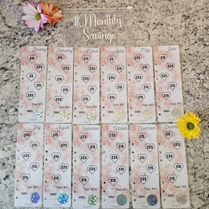 May include: A set of 12 monthly savings trackers with pink floral backgrounds. Each tracker has a month name, a heart design, and a list of pound sterling amounts to save each week. The total amount to save for each month is listed at the bottom of each tracker.