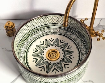 Handcrafted Moroccan Ceramic Sink with Brass Rim | Multiple Colors Available | Bathroom Basin | Boho Vanity Sink | Unique Bathroom Decor
