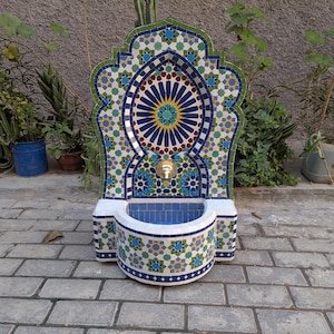 Handcrafted Moroccan Mosaic Fountain | Zellige Tilework, Brass Faucet | Perfect for Garden or Patio Decor, Handmade water feature