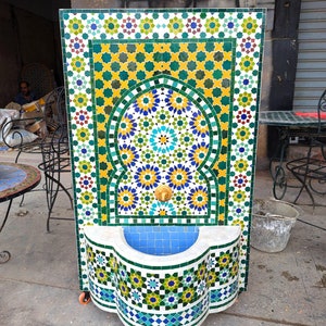 Handcrafted Moroccan Mosaic Water Fountain | Zellige Tile Design, Brass Spout | Great for Outdoor Garden or Patio Decor