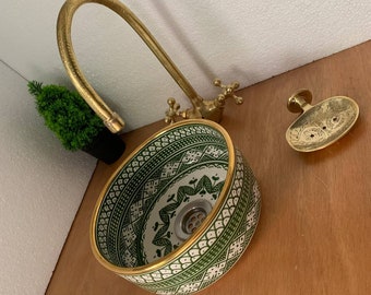 Fregadero verde Marruecos Oro 14k - Agregue un toque de lujo con un lavabo marroquí en verde dorado - Lavabo hecho a mano para un baño único.