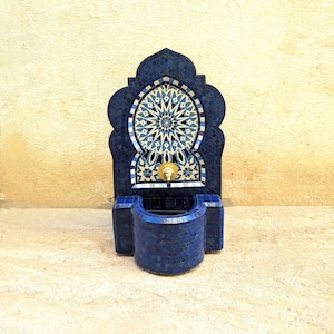 Small Moroccan mosaic fountain in blue, Handmade Zellige Water Feature, Outdoor Patio Decor, Brass Spout Garden Fountain