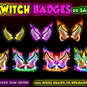 Op de afbeelding: Een set van acht Twitch-badges met neonvleugels in verschillende kleuren, waaronder geel, paars, blauw, groen en rood. De badges zijn ontworpen met een gloeiend effect en zijn klaar om te uploaden in alle formaten.  "Twitch Badges on Sale" staat in roze en gele tekst bovenaan de afbeelding.