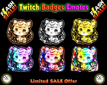 May include: Six colorful animated Twitch badges and emotes featuring a cartoon tiger with different color schemes. The tiger is wearing a white shirt and has a black nose and eyes. The text "Twitch Badges Emotes" is at the top of the image. The text "Limited SALE Offer" is at the bottom of the image.