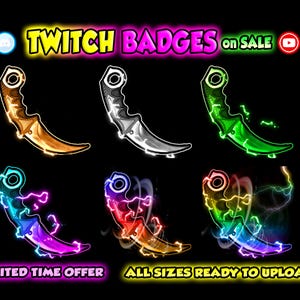 Puede incluir: Un conjunto de seis insignias de Twitch que presentan un cuchillo estilizado con efectos de rayos de diferentes colores. El texto "TWITCH BADGES on SALE" está en la parte superior de la imagen. Las insignias están disponibles en todos los tamaños y están listas para cargarse.