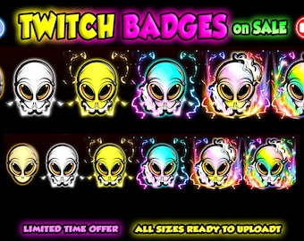 May include: A set of eight Twitch badges featuring a cartoon alien with different colored backgrounds and neon effects. The badges are available in all sizes and are ready to upload.  "Twitch Badges on Sale" is written in pink and yellow text at the top of the image.