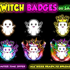 Könnte beinhalten: Ein Satz von acht Twitch-Badges mit einem Cartoon-Geist, der eine Krone trägt und Pistolen hält. Die Badges sind in verschiedenen Farben, darunter Gold, Blau, Rot und Lila. Der Text "TWITCH BADGES on SALE" befindet sich oben im Bild. Der Text "LIMITED TIME OFFER" befindet sich unten links im Bild. Der Text "ALL SIZES READY TO UPLOAD" befindet sich unten rechts im Bild.
