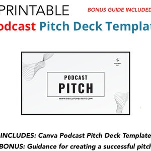 May include: Printable podcast pitch deck template with a black and white abstract design. The template includes the text "Podcast Pitch" and the website address "www.reallygreatsite.com".