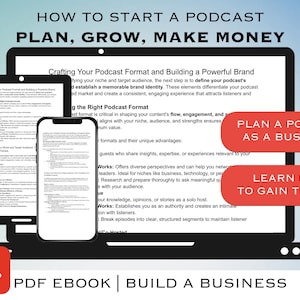 May include: A digital illustration of a laptop screen with a blue background and the text "HOW TO START A PODCAST PLAN, GROW, MAKE MONEY" in white. The screen shows a document with the title "Crafting Your Podcast Format and Building a Powerful Brand". The document is divided into sections with headings like "Finding Your Niche and Target Audience" and "Choosing the Right Podcast Format". There are also two red buttons on the screen that say "PLAN A PODCAST AS A BUSINESS" and "LEARN HOW TO GAIN TRAFFIC". The laptop is on a white background with a white Adobe Acrobat logo in the bottom left corner. The text "PDF EBOOK | BUILD A BUSINESS" is displayed in white on a black background at the bottom of the image.