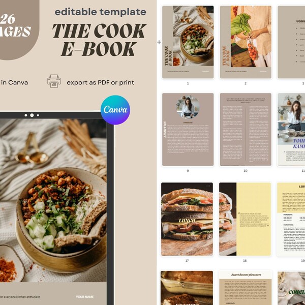 Cook eBook Template, Editable Canva Templates, Food Diary, Recipe E-Book, PDF, Food bloger