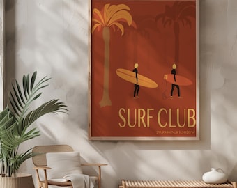 Surf Art Print Digital Download, Surf Club Poster, Coastal Wall Decor, Surfboard & Palm Tree Illustration, Beach House Printable