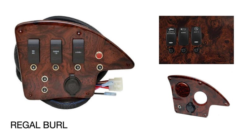 Puede incluir: Un panel de madera de grano marr&oacute;n con tres interruptores de palanca, un bot&oacute;n rojo y una toma de corriente. El panel est&aacute; etiquetado como "REGAL BURL".