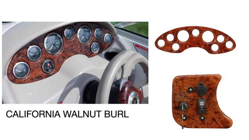 Puede incluir: Un conjunto de tres paneles de tablero de instrumentos de barco con acabado de madera. Los paneles est&aacute;n etiquetados como "California Walnut Burl".