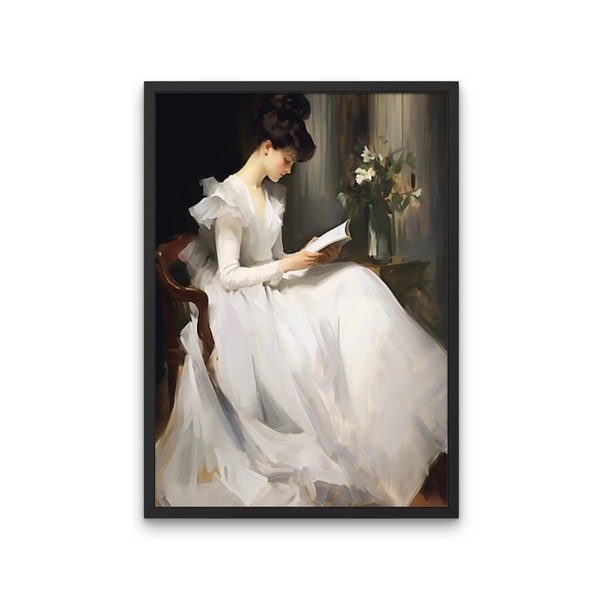 Printable Portrait Painting of Woman in White Dress Reading Book | Elegant Lady Artwork | Classic Artwork | Downloadable Digital Art Print