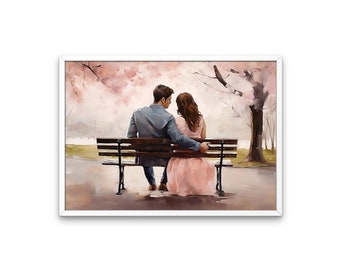 Printable Romantic Couple Park Bench Oil Painting | Lovebirds Gazing, Soft Focus, Tender Embrace | Downloadable Valentines Day Art