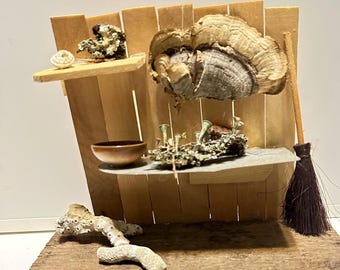 Miniature handmade decorative, with foraged, salvaged or reused items.