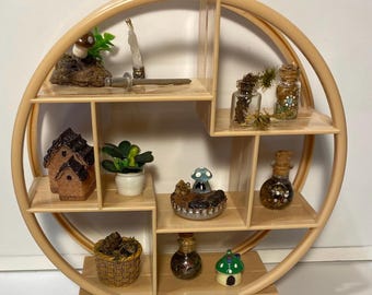 Small circular display shelf with miniatures included, handcrafted items, mini treasures