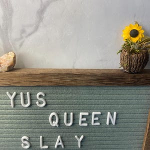 May include: A decorative wooden shelf with a felt letter board that reads "YUS QUEEN SLAY". A small potted plant, a rock, and a miniature sunflower in a bark pot are on the shelf. A pink ruler is on the right side.