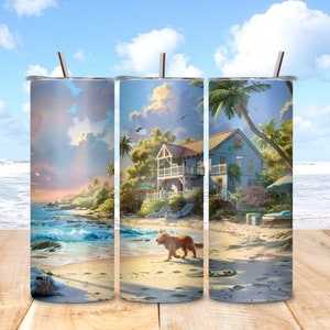 Tumbler Wrap Beach - Zonsondergang met Beachside Retreat, Pop Art Explosion 20 oz Skinny tuimelaar, Instant Digitale Download PNG, Tumbler Wrap