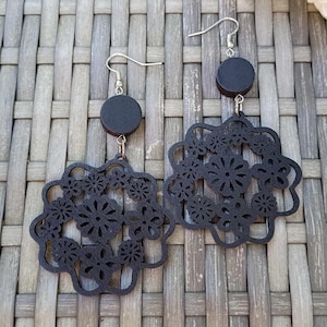 Black Flower Wooden Earrings, Floral Lightweight Earrings, Large Filigree Laser Cut Wood Earrings, Statement Earrings, Boho Hippie Earrings