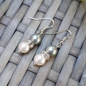 Gray & White Pearl Drop Earrings, Pearl Dangle Earrings, Dainty Pearl Earrings, Wedding Earrings, Bridal Jewellery, Bridesmaid Earrings