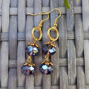 Purple Glass Bead Earrings, Vintage Faceted Bead Earrings, Bluish Purple Beaded Earrings, Stylish Gold Plated Drop Earrings, Gift for Her