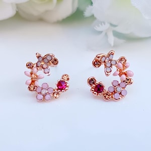 Pink Flower Wreath Earrings, Dainty Floral Stud Earrings, Cute Flower Crystal Earrings, Delicate Floral Earrings, Bridal, Wedding Earrings