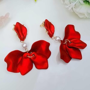 Big Red Flower Earrings, Elegant Floral Dangle Earrings, Large Red Petal Drop Earrings, Oversized Statement Earrings, Bohemian Leaf Earrings